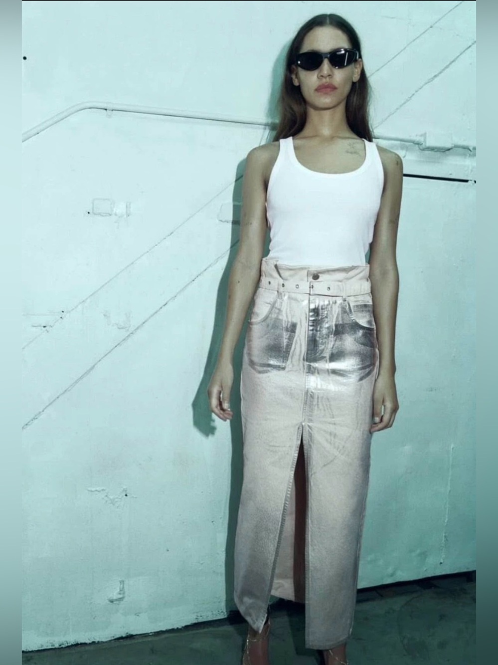 ZARA Metallic Paperwaist Denim Skirt